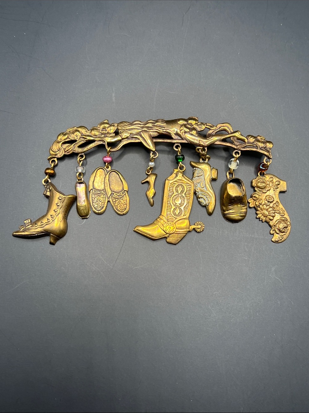 Vintage Gold-Tone Shoe Charm Brooch with Dangle Charms